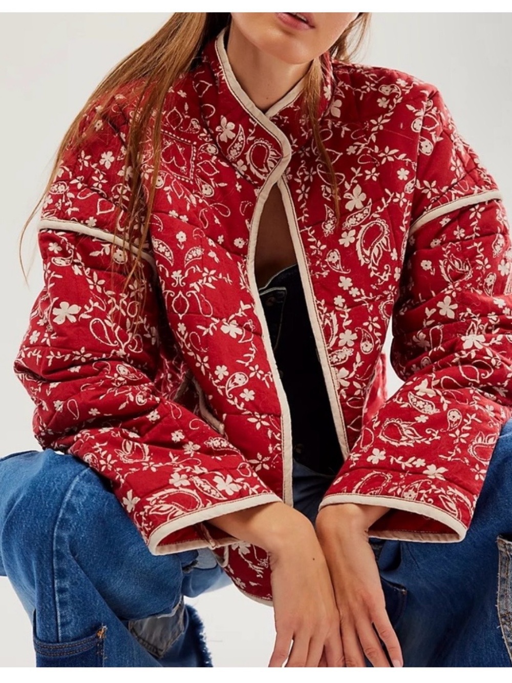 Sold Out Free People Chloe Jacket in Brick - Bandana Print Quilted Boho Western